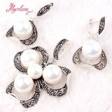 8.10mm Shell Pearl Marcasite Necklace Pendant Earrings Set