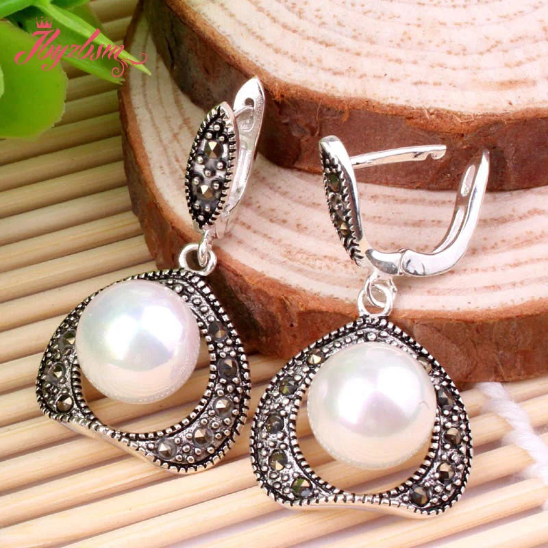 8.10mm Shell Pearl Marcasite Necklace Pendant Earrings Set