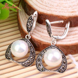8.10mm Shell Pearl Marcasite Necklace Pendant Earrings Set