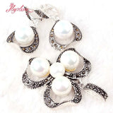 8.10mm Shell Pearl Marcasite Necklace Pendant Earrings Set