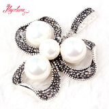 8.10mm Shell Pearl Marcasite Necklace Pendant Earrings Set