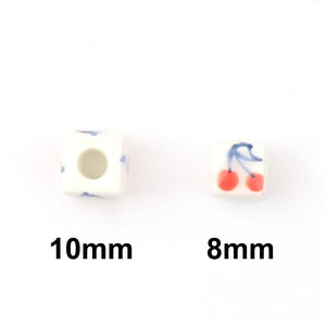 8/10mm Square Cherry Pattern Ceramic Beads Pendants Loose Porcelain Beads