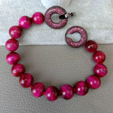 8'' 10mm Tiger Eyes Fuchsia Round Bracelet CZ Pave Gunmetal Clasp