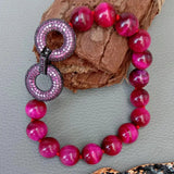 8'' 10mm Tiger Eyes Fuchsia Round Bracelet CZ Pave Gunmetal Clasp