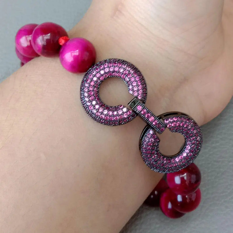 8'' 10mm Tiger Eyes Fuchsia Round Bracelet CZ Pave Gunmetal Clasp