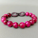 8'' 10mm Tiger Eyes Fuchsia Round Bracelet CZ Pave Gunmetal Clasp