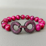 8'' 10mm Tiger Eyes Fuchsia Round Bracelet CZ Pave Gunmetal Clasp