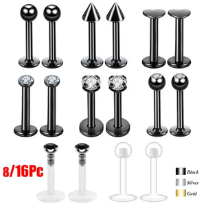 8pc Titanium Labret Rings CZ Gem 16G Body Piercing Jewelry