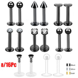 8pc Titanium Labret Rings CZ Gem 16G Body Piercing Jewelry
