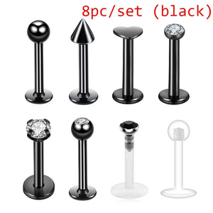 8pc Titanium Labret Rings CZ Gem 16G Body Piercing Jewelry