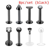 8pc Titanium Labret Rings CZ Gem 16G Body Piercing Jewelry