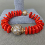 Orange Howlite Disc CZ Micro Pave Round Bracelet 8'' 20MM Strand