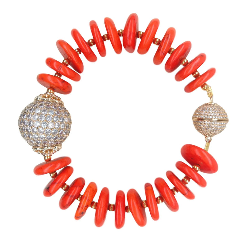 Orange Howlite Disc CZ Micro Pave Round Bracelet 8'' 20MM Strand