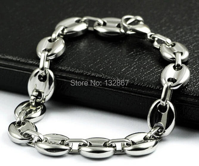 10mm Coffee Beans Link Chain Bracelet Men Stainless Steel