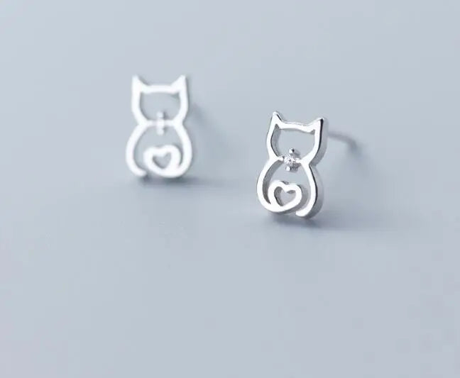 CZ Heart Kitten Cat Stud Earrings in Real 925 Sterling Silver