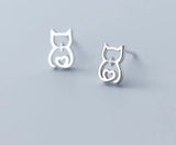CZ Heart Kitten Cat Stud Earrings in Real 925 Sterling Silver