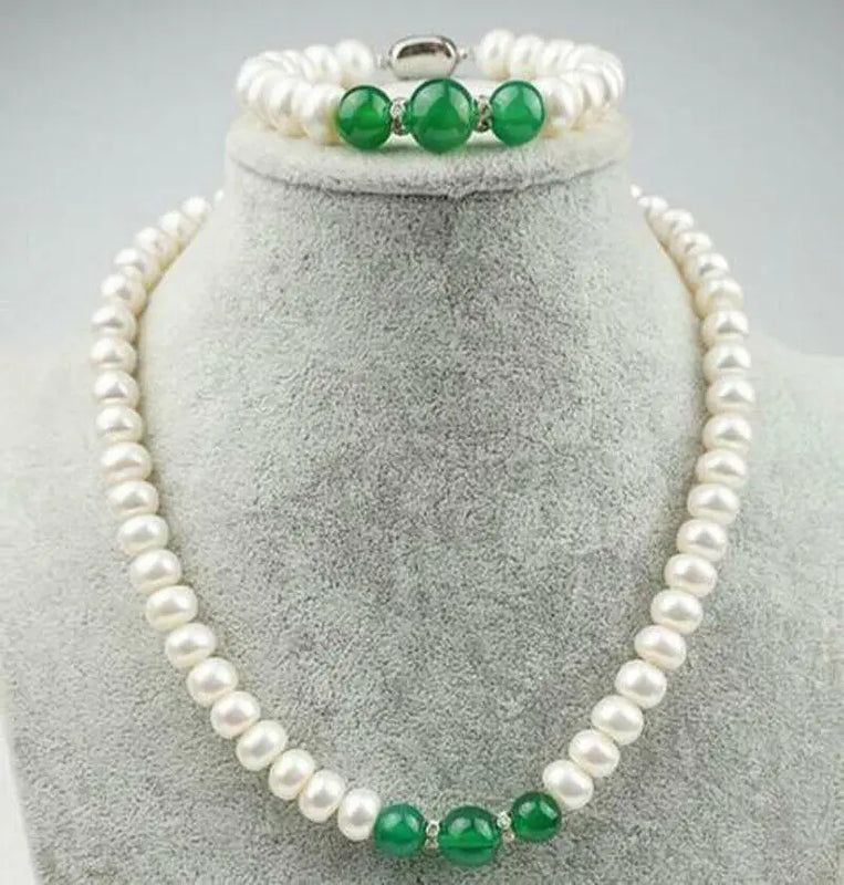 8-9mm Abacus Pearl/10-12mm Round Green Emerald Bead Necklace + Bracelet Set