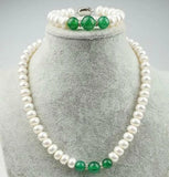 8-9mm Abacus Pearl/10-12mm Round Green Emerald Bead Necklace + Bracelet Set