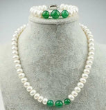 8-9mm Abacus Pearl/10-12mm Round Green Emerald Bead Necklace + Bracelet Set
