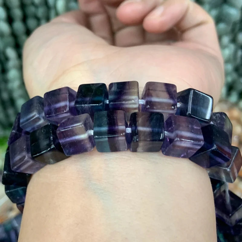 8-9mm Natural Fluorite Stone Beads 15'' Cube Purple Green DIY Loose Beads