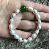 8-9mm Rice Pearl & 10mm Green Jade Bracelet 7.5''