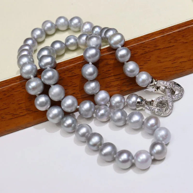 Gray Freshwater Pearl Necklace 8-9mm Micro-Flawed 925 Silver Clasp