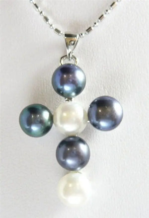 8-9mm Mixed & Pearl Cross Pendant Necklace + Chain