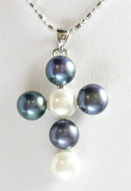 8-9mm Mixed & Pearl Cross Pendant Necklace + Chain