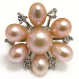 Button & Rice Pearl Flower Ring with Zirconia