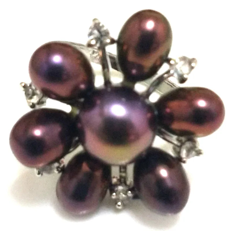 Button & Rice Pearl Flower Ring with Zirconia