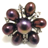 Button & Rice Pearl Flower Ring with Zirconia