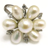 Button & Rice Pearl Flower Ring with Zirconia