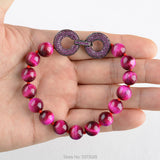 8'' Fuchsia Round 10mm Tiger Eye Bracelet with CZ Pave Clasp
