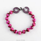 8'' Fuchsia Round 10mm Tiger Eye Bracelet with CZ Pave Clasp