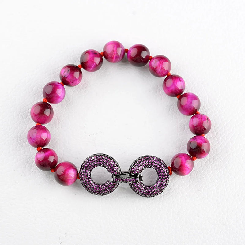 8'' Fuchsia Round 10mm Tiger Eye Bracelet with CZ Pave Clasp