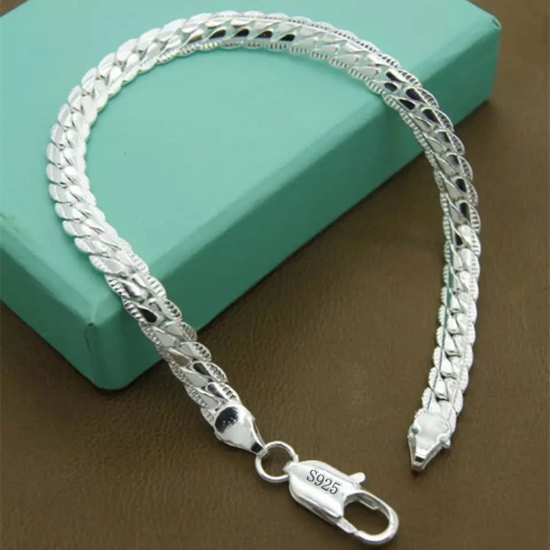 8 Inch 925 Silver Bracelet 6mm Flat Chain Lobster Clasp Unisex Wedding Jewelry