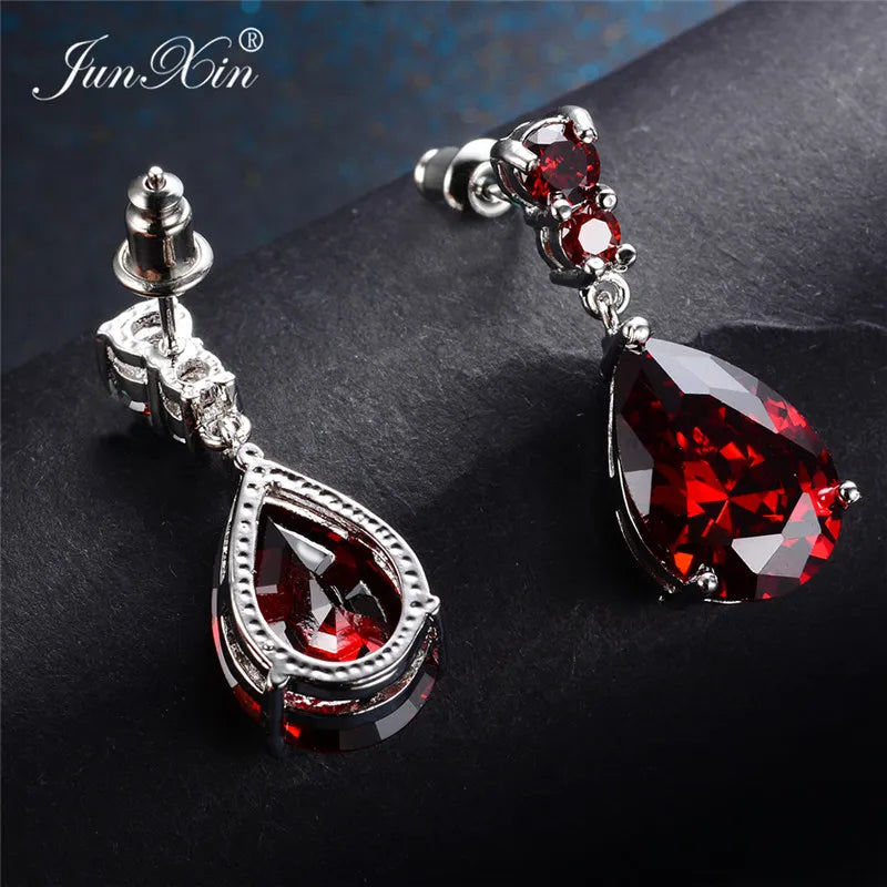 Vintage Red Water Drop Earrings Zircon Stone Long Dangle Earrings