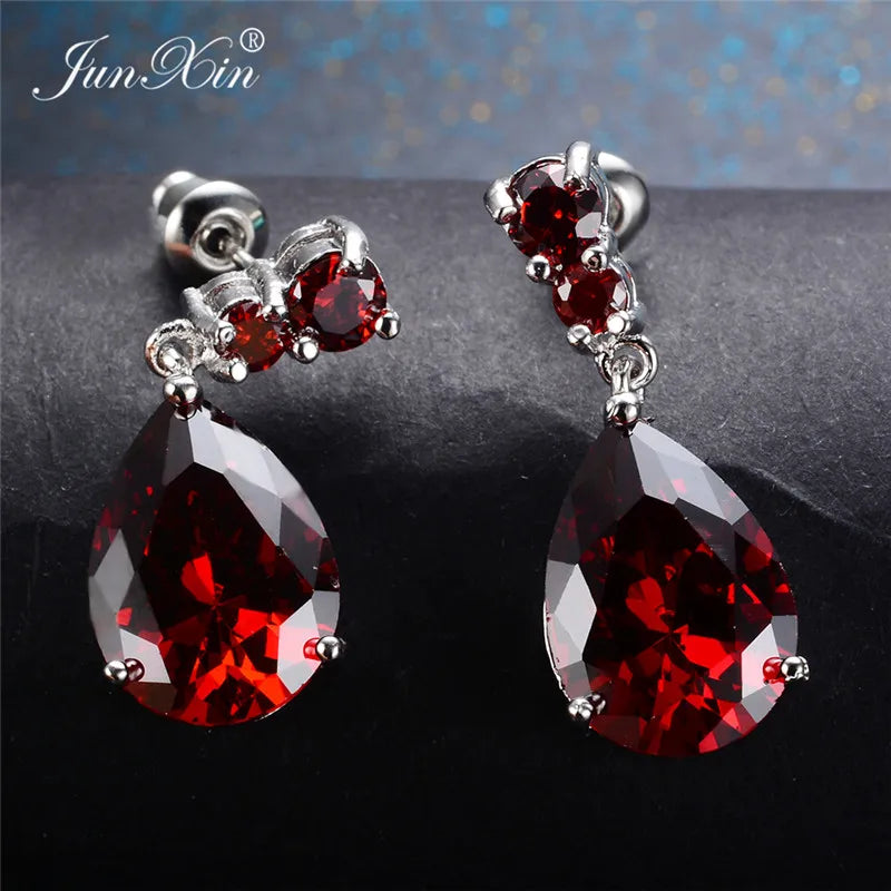 Vintage Red Water Drop Earrings Zircon Stone Long Dangle Earrings