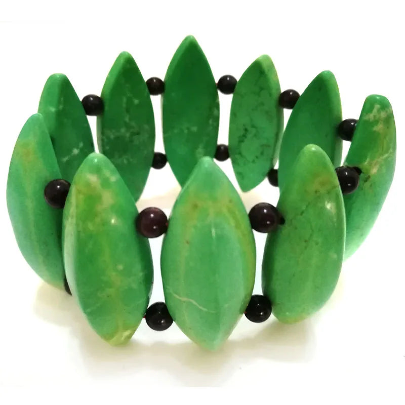 Green Natural Turquoise Beaded Bracelet 8 inches 15x45mm Elastic