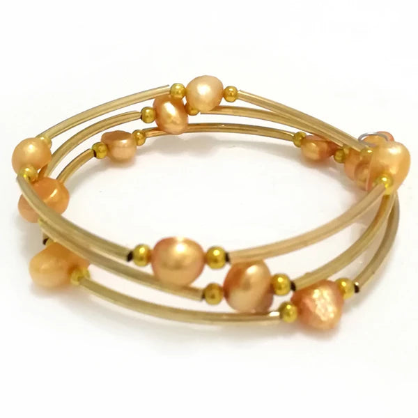 Orange Baroque Pearl Memory Wire Wrap Bracelet 8 inches
