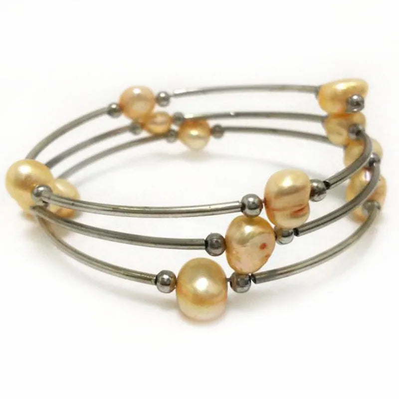 8 inch Orange Baroque Pearl Memory Wire Bracelet
