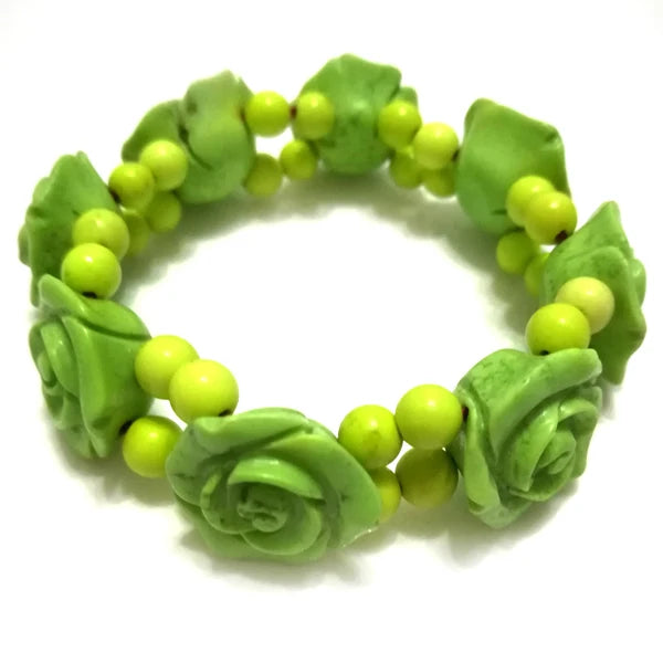 Green Turquoise Flower Bracelet 8 Inches Stretch 10*30mm Hand Carved