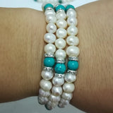 8" 3 Rows Freshwater Pearl & Turquois Beads Bracelet