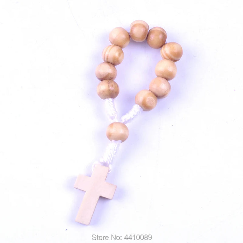 8mm Wood Bead Line Decade Cord Rosary with Wood Cross Charm