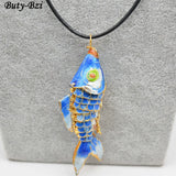 Cloisonne Carp Fish Pendant Leather Chains Necklace