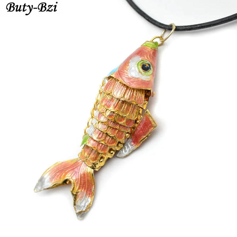 Cloisonne Carp Fish Pendant Leather Chains Necklace