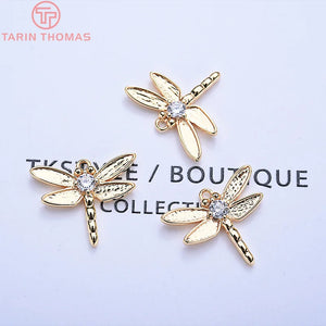 4PCS 15x12.5MM 24K Brass Zircon Dragonfly Charms Pendants High Accessories