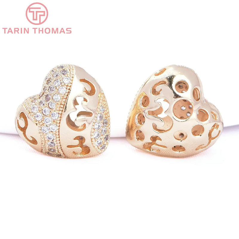 2PCS 24K Plated Brass Zircon Heart Beads