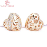 2PCS 24K Plated Brass Zircon Heart Beads