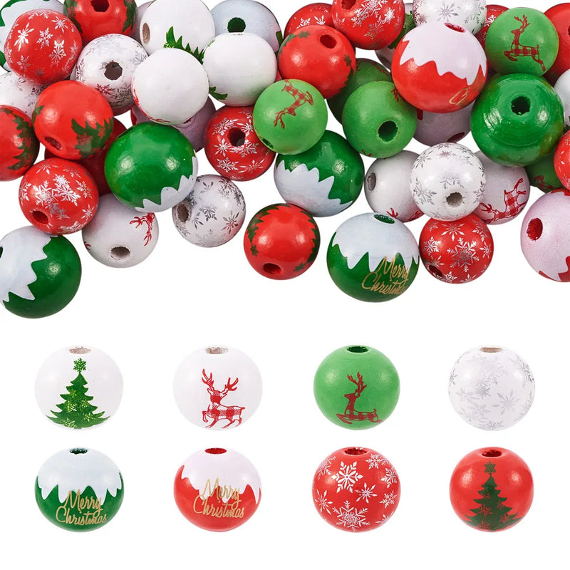 80Pcs Christmas Wooden Snowflake Ball Beads for Jewelry Making DIY Bracelet